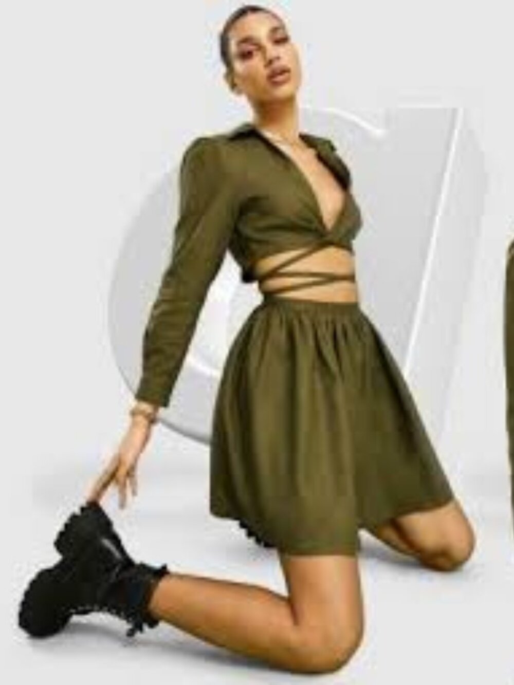 ✨ ASOS DESIGN Linen Skater Mini Shirt Dress Khaki Green w/Open Tie Waist- 6 ✨